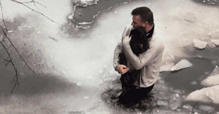 Man Desparately Jumps Into Ice Water To Save Crying Dog From Drowning