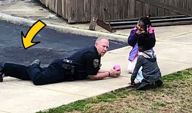 Officers realizes family are safe from gas leak, only for mom to see him stick around the play dolls with her kids