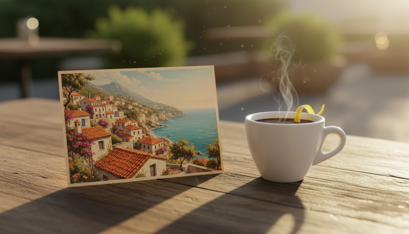A mysterious postcard on a wooden table with coffee and a lemon twist