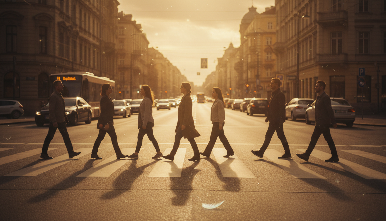People walking slowly and peacefully across a mysterious crossing in the city at sunset