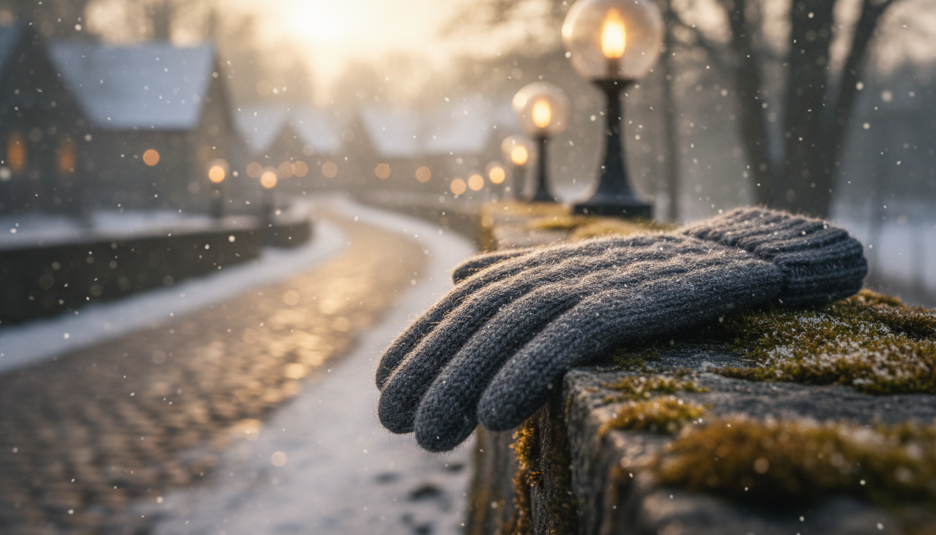 A charcoal gray lost glove resting on a stone wall in a snowy village setting