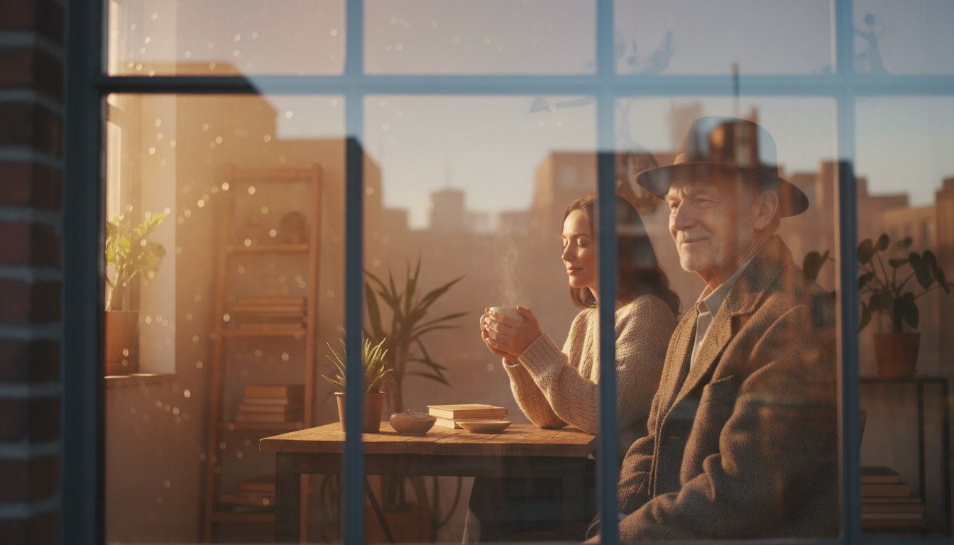 A stranger smiles at her window, creating a moment of connection through the glass of a city apartment.