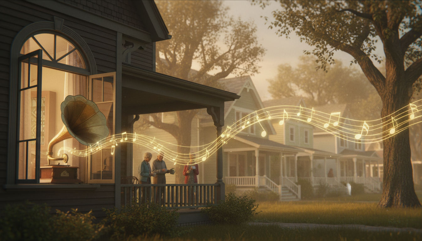 Antique phonograph in a window playing the Sunday song with golden musical notes floating into a sunny neighborhood street