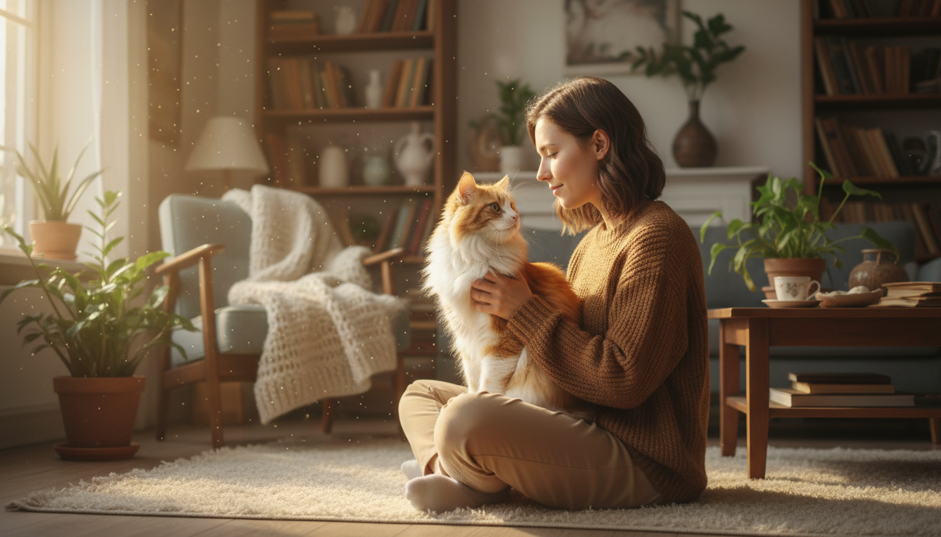Woman sitting on floor bonding with a ginger cat she just adopted