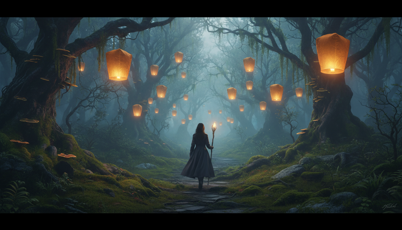 A woman walking down a magical forest path illuminated by a trail of lanterns