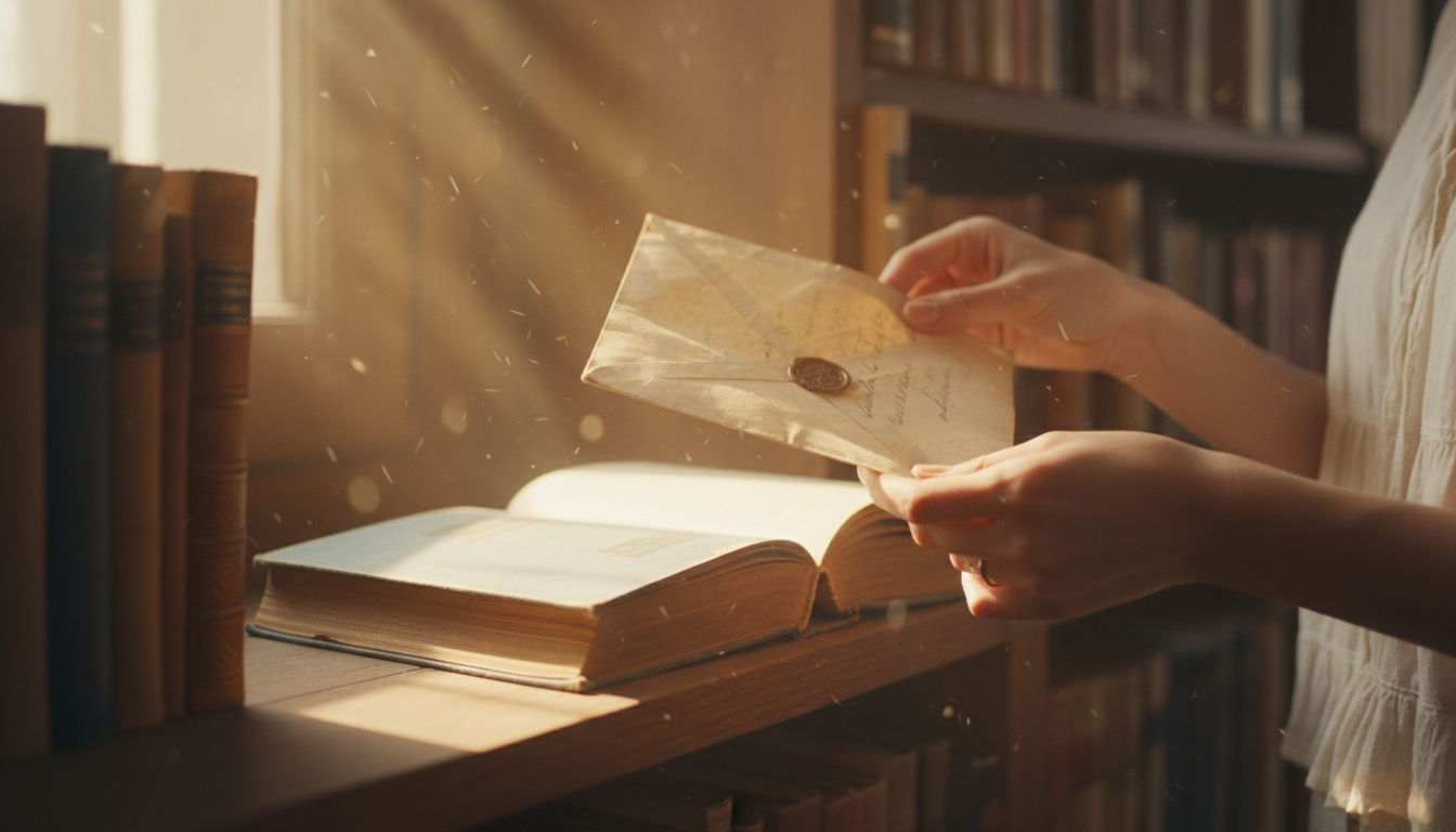 Woman reading a vintage letter inside a library book with sunlight filtering through shelves