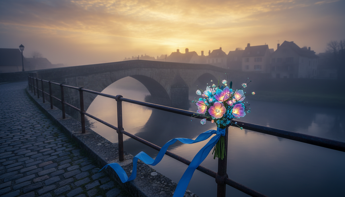 A bouquet of vibrant fresh flowers on this bridge tied to a railing in the morning mist