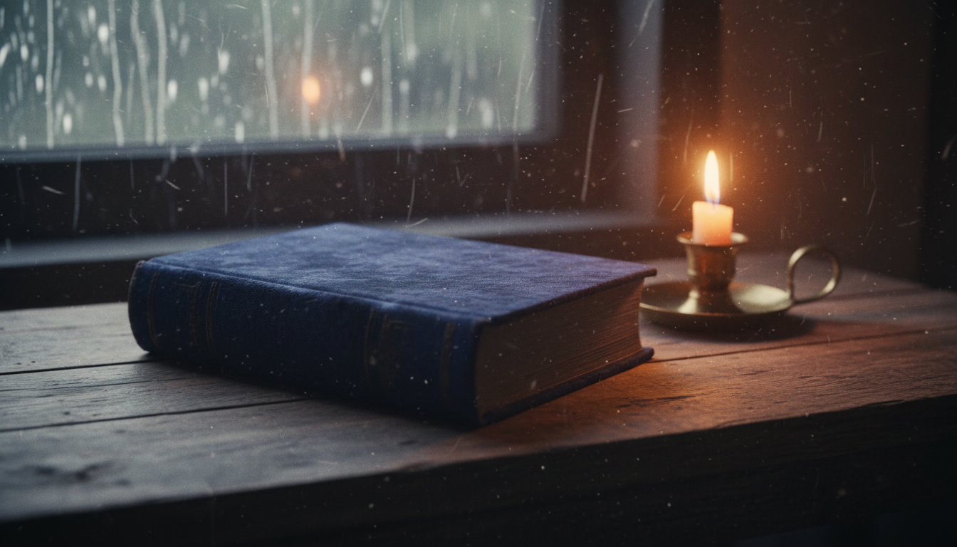 An indigo vintage book resting on a table by a window, representing The Book That Refuses to Be Read
