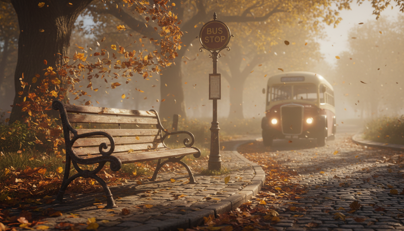 A vintage bus approaching a wooden bus stop covered in autumn leaves during golden hour.
