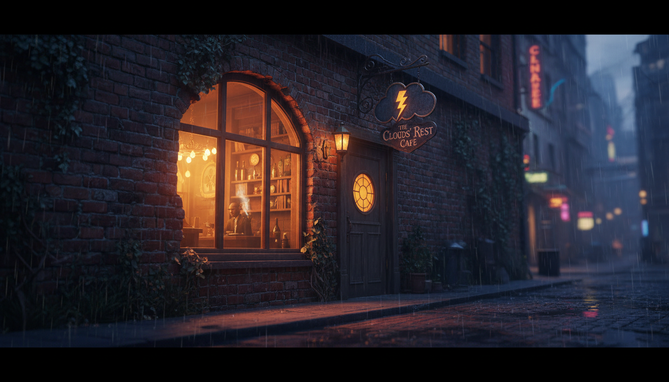 A warm, glowing rainy day café storefront appearing magically on a grey city street at twilight.