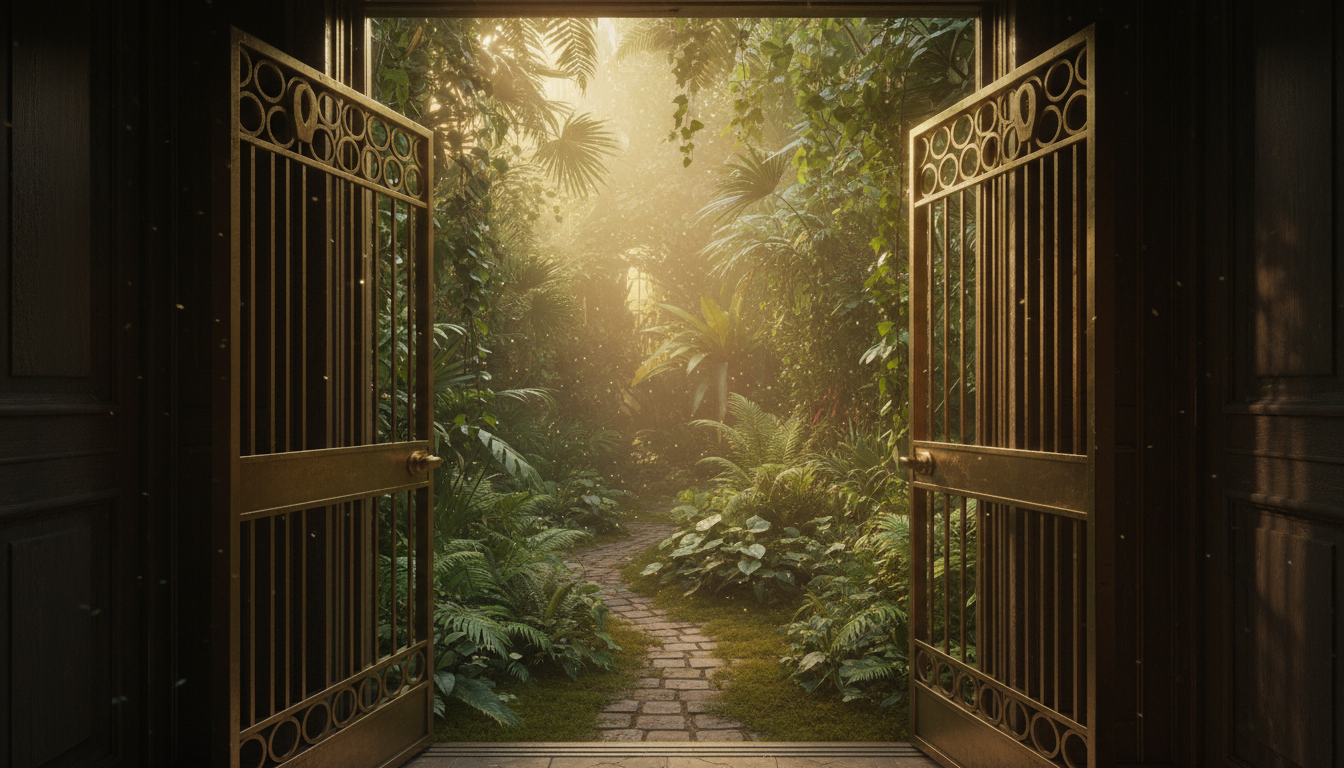 Antique brass elevator that always stops opening to a magical sunlit garden floor