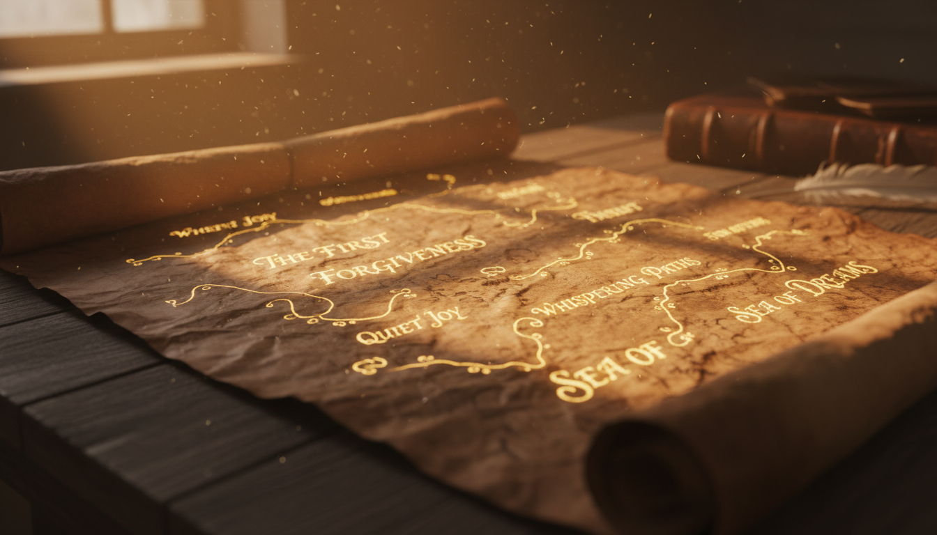 An antique map of moments lying on a table with glowing handwritten labels about emotions and memories.