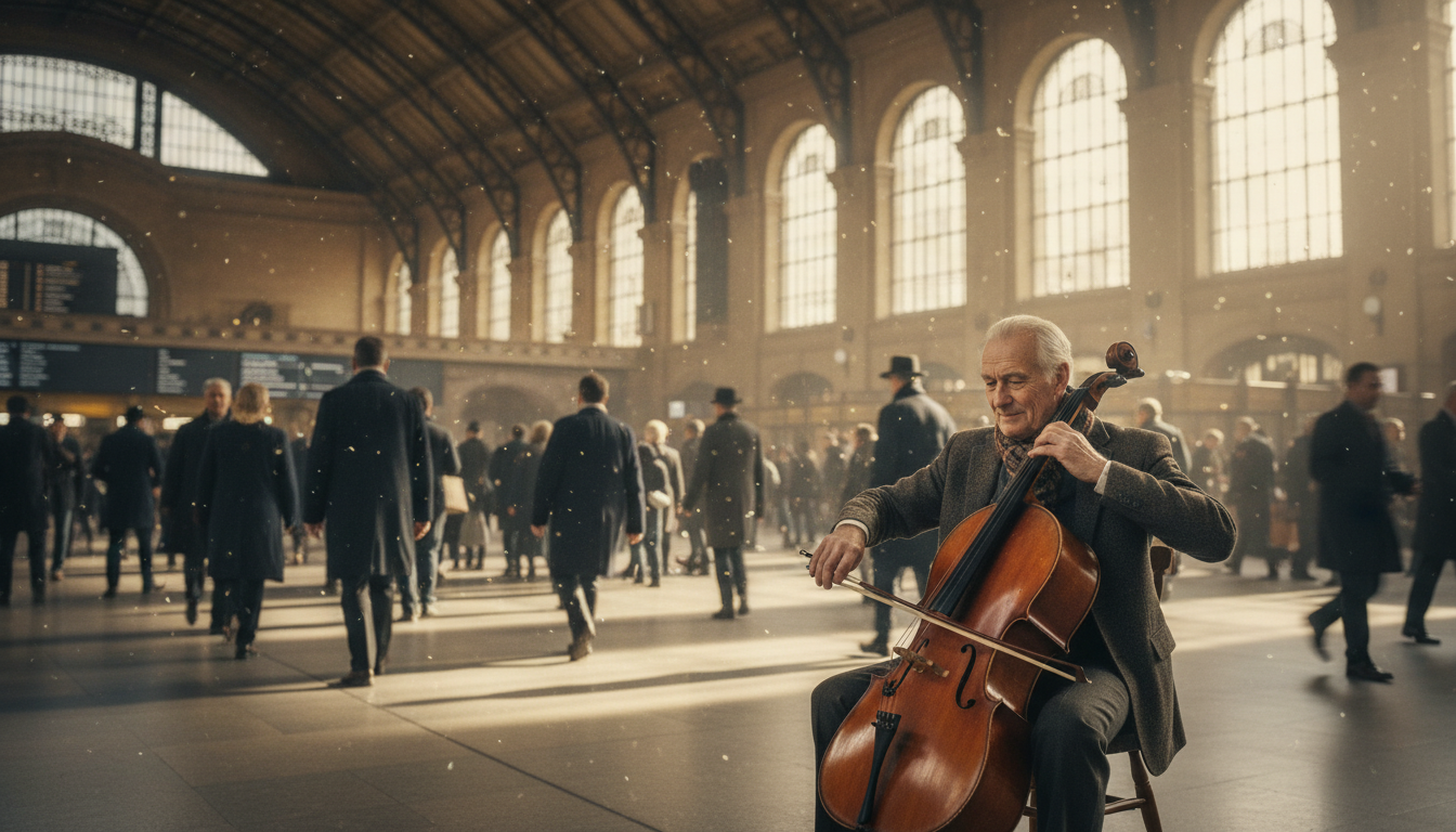 Elderly man playing cello in a busy train station while commuters rush by without noticing him.
