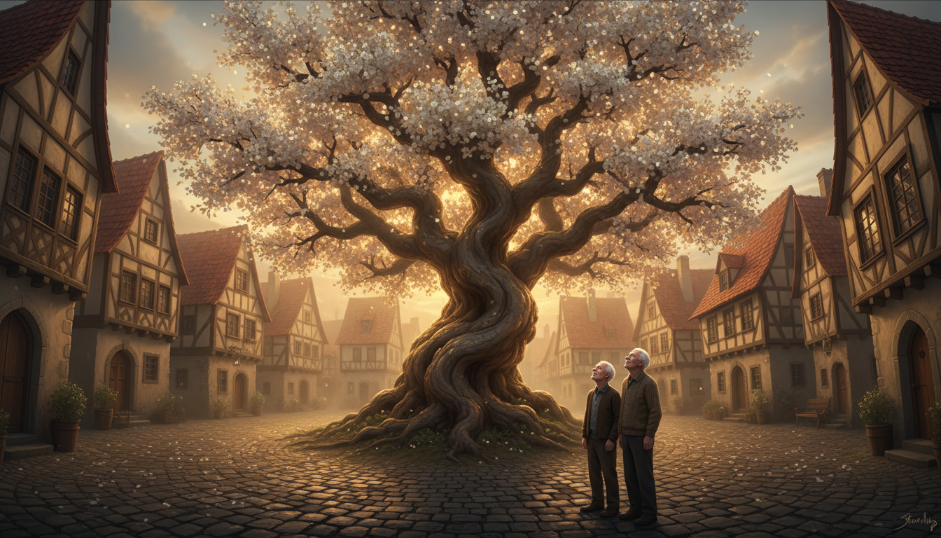 A magical forgiveness tree blooming with glowing white flowers in a village square at dusk