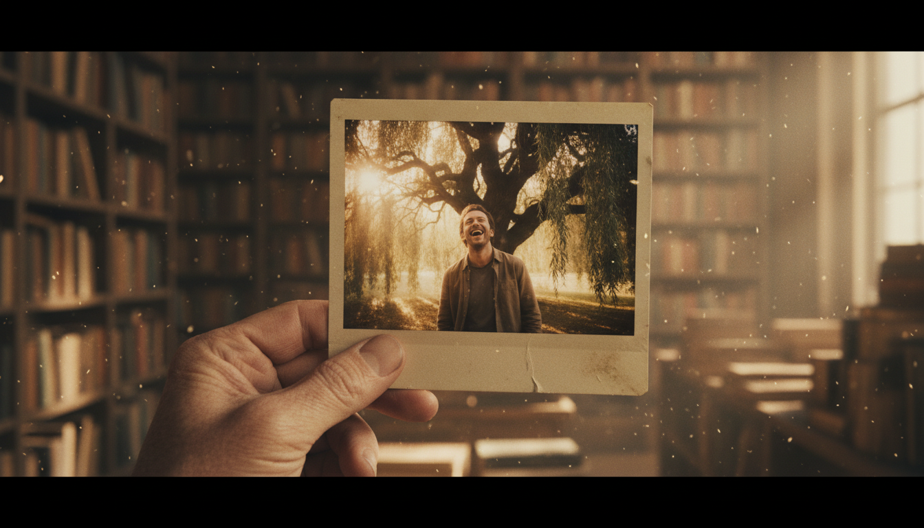 A hand holding a mysterious vintage photograph of himself found in an old book