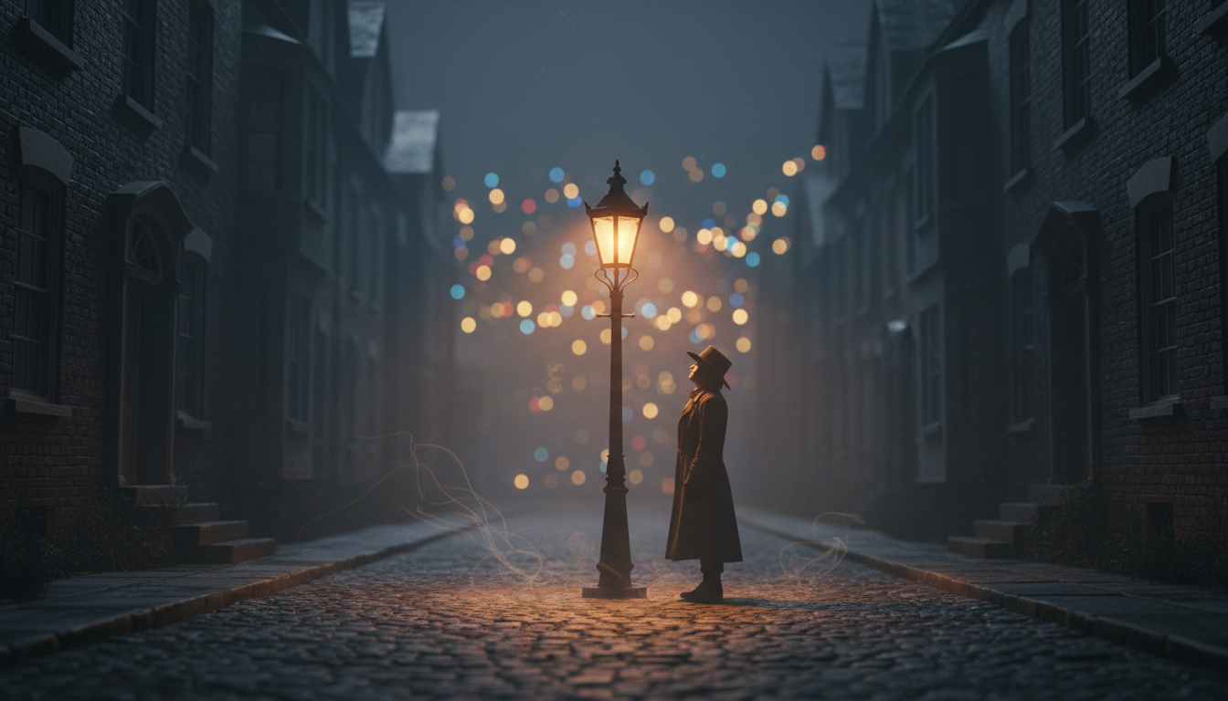 A warm magical streetlight shining on a person standing alone on a dark street